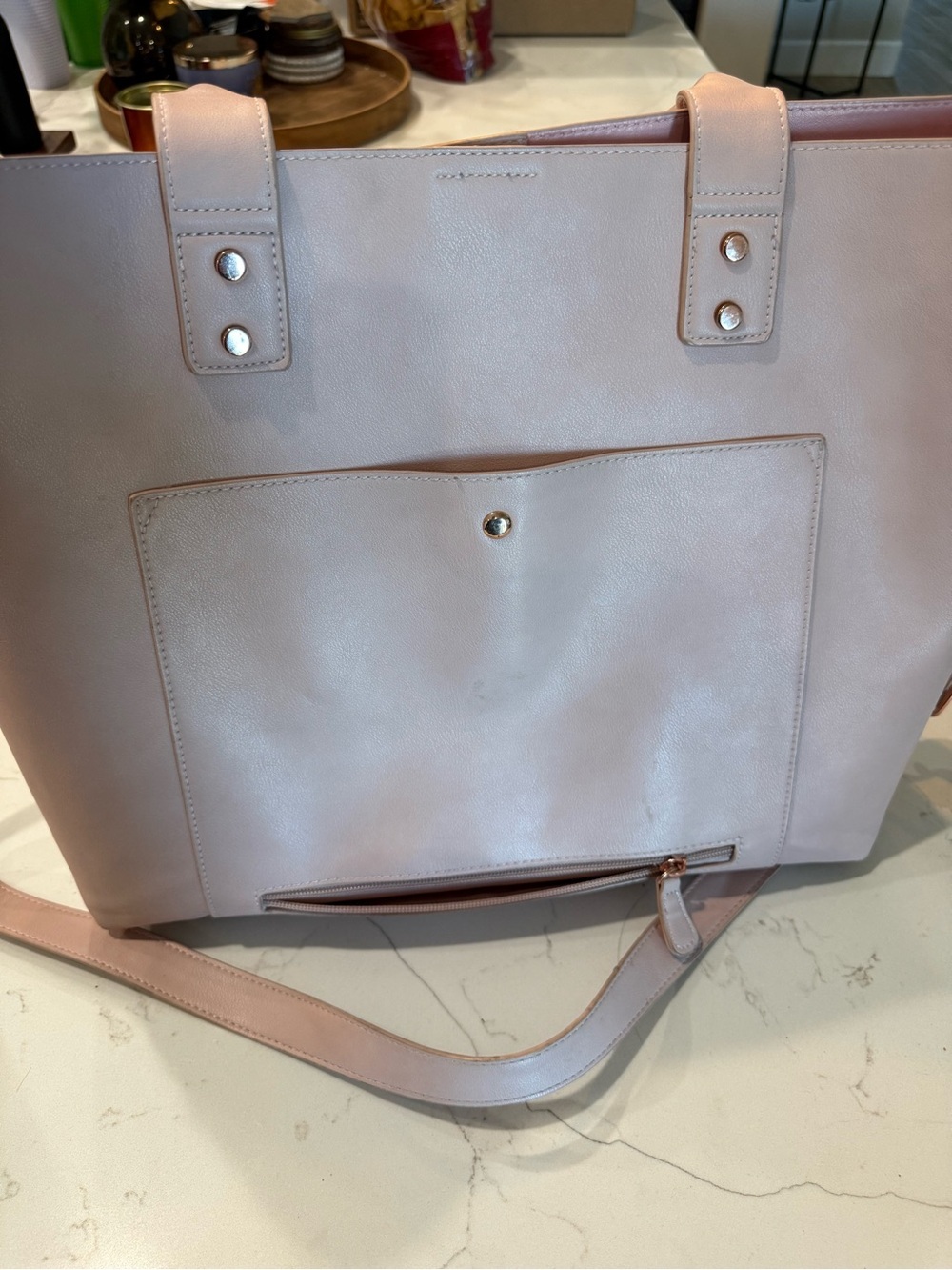 Soft Blush Pink Faux-Leather Tote with Front Pocket